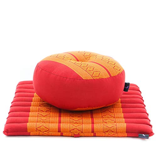 Leewadee Set de meditación Mini – Cojín de Yoga Zafu y colchoneta de meditación Zabuton, Asiento tailandés de kapok ecológico, Set de 2, Naranjo Rojo