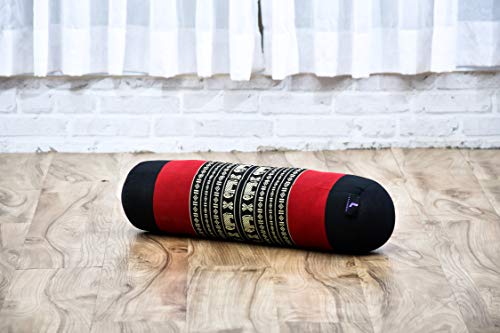 Leewadee Yoga Bolster pequeño – Cojín Alargado para Pilates y meditación, reposacabezas Hecho a Mano de kapok ecológico, 55 x 15 x 15 cm, Negro Rojo