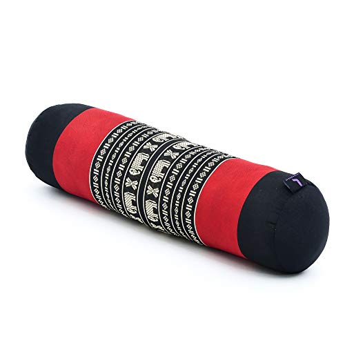Leewadee Yoga Bolster pequeño – Cojín Alargado para Pilates y meditación, reposacabezas Hecho a Mano de kapok ecológico, 55 x 15 x 15 cm, Negro Rojo