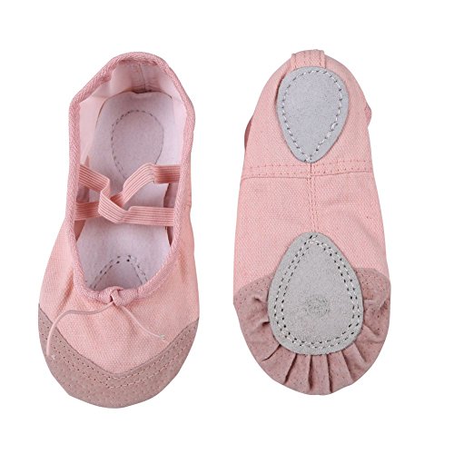 Leezo - Zapatillas clásicas de ballet planas, para practicar baile y yoga, de tela y de cuero, para niñas, rosa, 34 EU = 21 cm = 8.26 inch