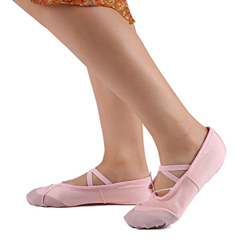 Leezo - Zapatillas clásicas de ballet planas, para practicar baile y yoga, de tela y de cuero, para niñas, rosa, 34 EU = 21 cm = 8.26 inch