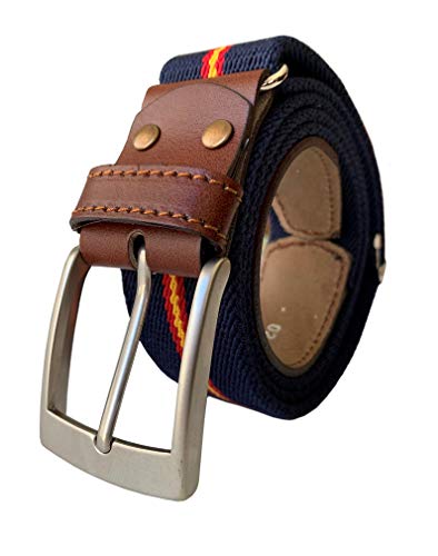 LEGADO Cinturon hombre y pulsera bandera España, cinturon elastico con cuero marron, Piel de Ubrique como nuestras carteras y accesorios. (Marino con Bandera España)