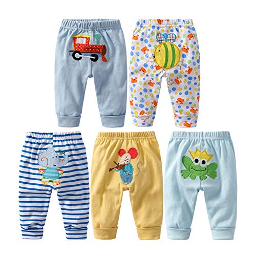 Leggings de algodón unisex para recién nacido y niños pequeños, de Monvecle Multicolor Paquete de 5 pantalones largos para niño. 0-3 Meses