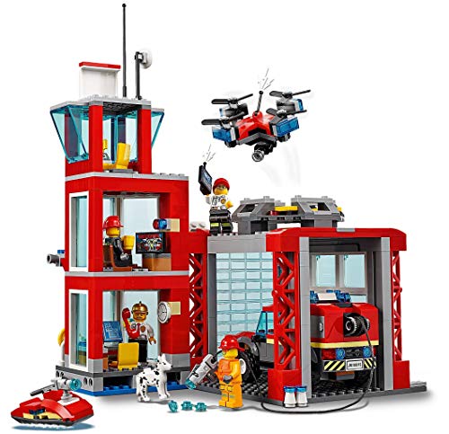 LEGO City Fire - Parque de Bomberos, estación de juguete para construir, incluye camión, moto acuática y dron (60215)