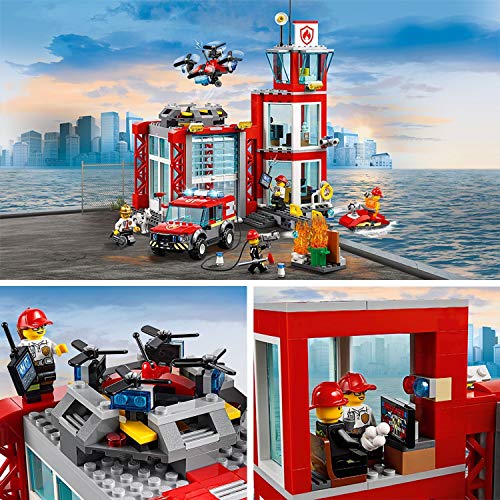 LEGO City Fire - Parque de Bomberos, estación de juguete para construir, incluye camión, moto acuática y dron (60215)