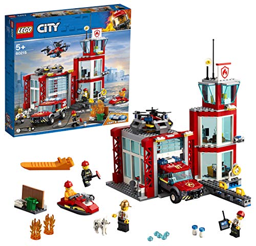 LEGO City Fire - Parque de Bomberos, estación de juguete para construir, incluye camión, moto acuática y dron (60215)