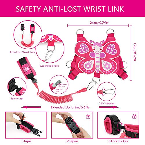 Lehoo Castle Correa para niños pequeños 4 en 1 Anti Lost Wrist Link Arnés de seguridad para niños Muñequera para niños Asistente de correa para la niña Rosa (Mariposa)