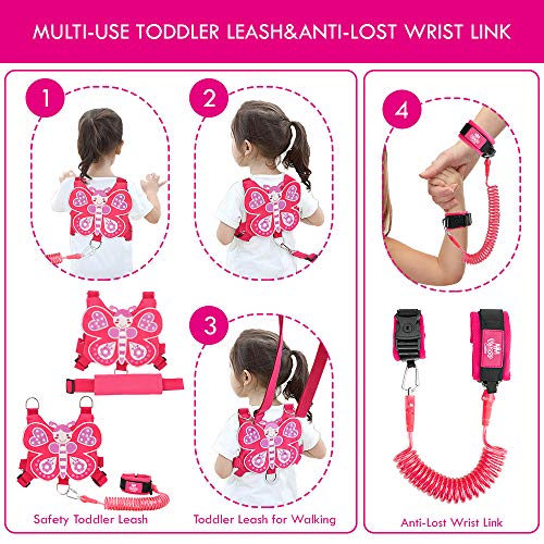 Lehoo Castle Correa para niños pequeños 4 en 1 Anti Lost Wrist Link Arnés de seguridad para niños Muñequera para niños Asistente de correa para la niña Rosa (Mariposa)