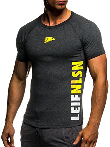 Leif Nelson Camiseta para Hombre con Cuello Redondo de Gimnasia Ropa de Deporte LN-06279 Antracita Amarillo Small