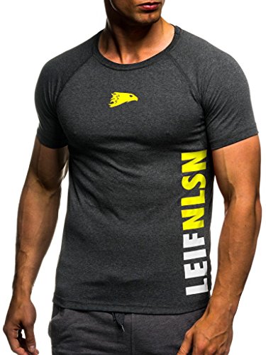 Leif Nelson Camiseta para Hombre con Cuello Redondo de Gimnasia Ropa de Deporte LN-06279 Antracita Amarillo Small