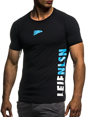 Leif Nelson Camiseta para Hombre con Cuello Redondo de Gimnasia Ropa de Deporte LN-06279 Azul Negro Large