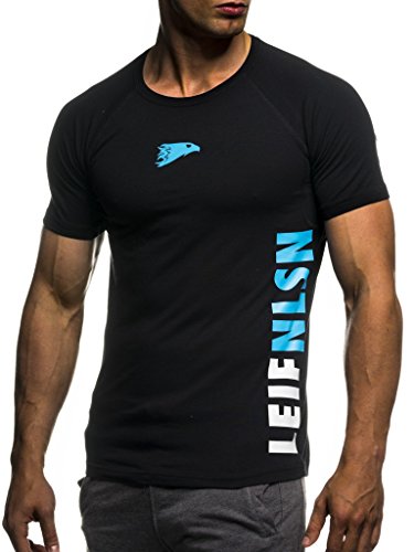 Leif Nelson Camiseta para Hombre con Cuello Redondo de Gimnasia Ropa de Deporte LN-06279 Azul Negro Large