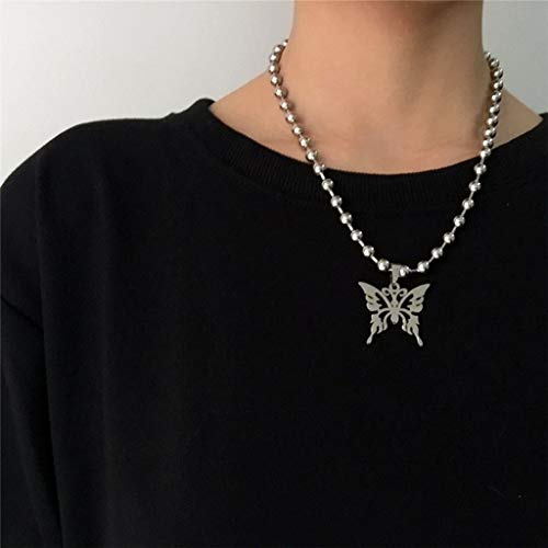 Leiouser Punk Rock - Collar con colgante de mariposa de acero inoxidable con cadena de bolas de pulido unisex Leiouser Punk Rock - Collar con colgante de mariposa de acero inoxidable con cadena de bolas de pulido unisex