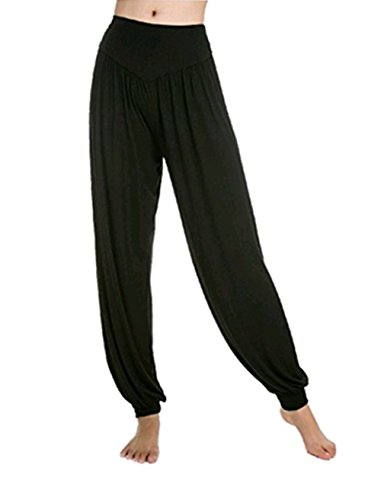 Leisial Pantalones de Yoga Algodón Suave Piernas Pantalones Anchos Sólido Color Elástico Pretina Pantalones Bombachos de Fitness Bailan Deportivo para Mujeres,Color Negro Talla XL