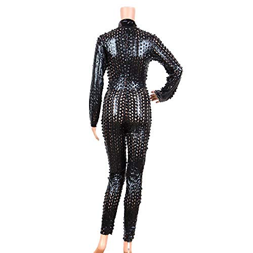 Lenceria de cueroNuevos monos sexy del club Mono negro dorado de la astilla Wet Look Body Hollow Out Mono de vinilo sexy Catsuit-W7711A_XXL