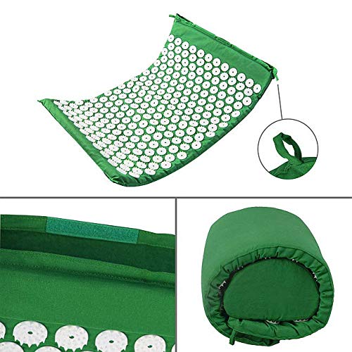 Leogreen - Alfombra de Acupuntura y Juego de Almohadas, Estera Set de Masaje, Verde, con bolsa y almohada, Estándar/Certificación: ROHS, Numero de clavos: 66 piezas en la almohada