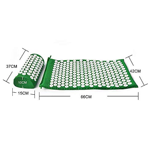 Leogreen - Alfombra de Acupuntura y Juego de Almohadas, Estera Set de Masaje, Verde, con bolsa y almohada, Estándar/Certificación: ROHS, Numero de clavos: 66 piezas en la almohada