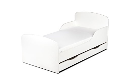 Leomark Blanco Cama Infantil Completa de Madera - Estilo Escandinavo - Marco de Cama, Colchón, Somier, cajón, Blanco Muebles para Niños, Moderno Dormitorio, Impresa Mobiliario, Espacio para Dormir: 140/70 cm