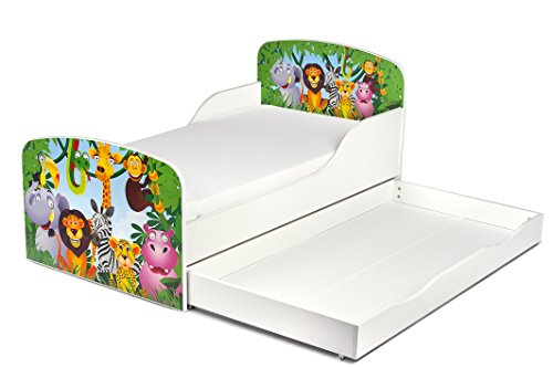 Leomark Cama Infantil Completa de Madera - Animales Zoo - Marco de Cama, Colchón, Somier, cajón, Blanco Muebles para Niños, Moderno Dormitorio, Impresa Mobiliario, Espacio para Dormir: 140/70 cm