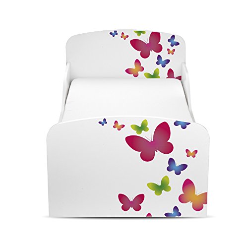 Leomark Cama Infantil Completa de Madera - Mariposas - Marco de Cama, Colchón, Somier, cajón, Blanco Muebles para Niños, Moderno Dormitorio, Impresa Mobiliario, Espacio para Dormir: 140/70 cm