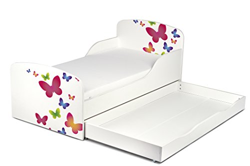 Leomark Cama Infantil Completa de Madera - Mariposas - Marco de Cama, Colchón, Somier, cajón, Blanco Muebles para Niños, Moderno Dormitorio, Impresa Mobiliario, Espacio para Dormir: 140/70 cm