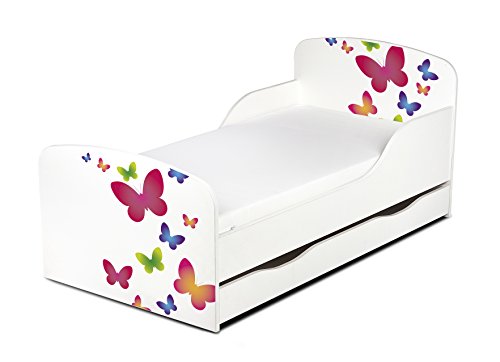 Leomark Cama Infantil Completa de Madera - Mariposas - Marco de Cama, Colchón, Somier, cajón, Blanco Muebles para Niños, Moderno Dormitorio, Impresa Mobiliario, Espacio para Dormir: 140/70 cm