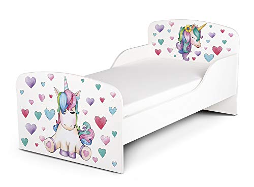 Leomark Cama Infantil Completa de Madera - Unicorn - Marco de Cama, Colchón, Somier, Blanco Muebles para Niños, Moderno Dormitorio, Impresa Mobiliario, Espacio para Dormir: 140/70 cm