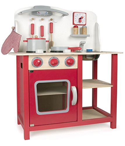 Leomark Cocina Madera Infantil De Juguete - color Classic Roja -Accesorios: Reloj, Grifo y Fregadero, Cubiertos, Utensilios de Cocina, Para Niños, Juego de Imitación, Dim: 60x30x75 (altura) cm