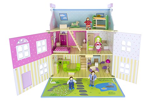 Leomark Dream House Casa de Muñecas de Madera con muñecas - Color Rosa - Villa (60 cm - altura), Equipo Completo, Excelente Calidad, Accesorios adicionales