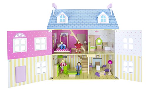 Leomark Dream House Casa de Muñecas de Madera con muñecas - Color Rosa - Villa (60 cm - altura), Equipo Completo, Excelente Calidad, Accesorios adicionales