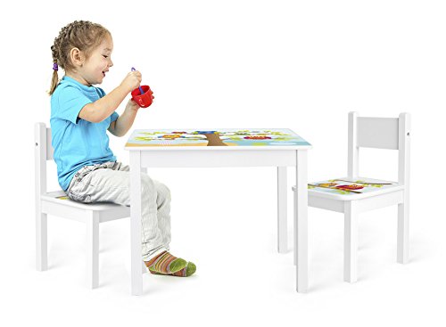 Leomark Mesa y sillas de Madera para niños, 1 Mesa y 2 Silas, Mesas y sillas Infantiles de Madera, Juego de Muebles Infantiles, para Cuarto de los niños, Motivo: En Búhos, Altura: 49 cm