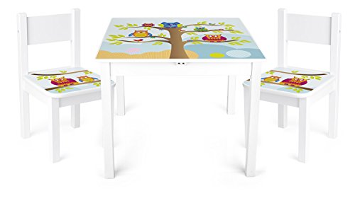 Leomark Mesa y sillas de Madera para niños, 1 Mesa y 2 Silas, Mesas y sillas Infantiles de Madera, Juego de Muebles Infantiles, para Cuarto de los niños, Motivo: En Búhos, Altura: 49 cm