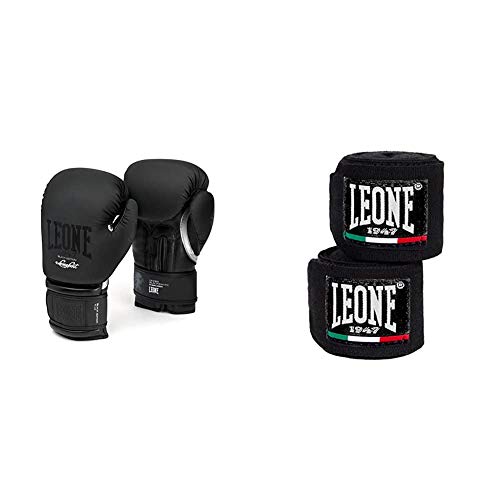 LEONE 1947 GN059 Guantes de Boxeo, Unisex – Adulto, Negro, 14OZ + 1947 AB705 - Vendas de Boxeo, Color Negro, tamaño 2,5m