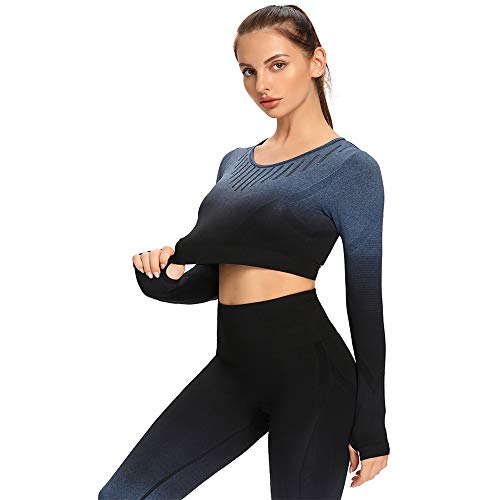 Leoyee Seamless Gradient Gym Medias Camisa Deportiva Yoga Top para Mujeres Running Camiseta de Entrenamiento Top de Manga Larga