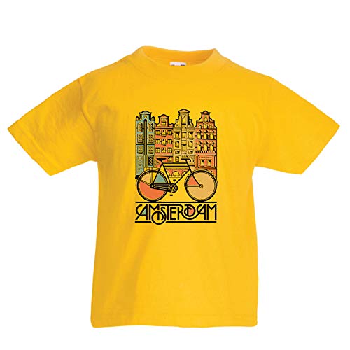 lepni.me Camiseta para Niño/Niña Bicicleta Vintage de la Ciudad de Ámsterdam, Holanda, Viajes de Vacaciones (9-11 Years Amarillo Multicolor)
