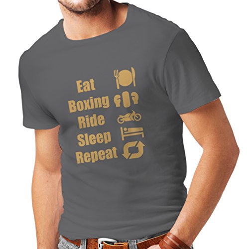 lepni.me Camisetas Hombre Eat Boxing Ride Sleep Repeat - for Fighters and Riders Motivational Sports Quotes (Large Grafito Oro)