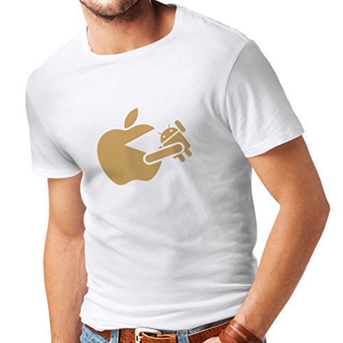 lepni.me Camisetas Hombre Funny Apple Comer un Robot - Regalo para los fanáticos de la tecnología (Large Blanco Oro)