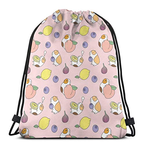 LEPO'S Mochila deportiva con cordón para gimnasio, cobayas, diseño de conejos de indias y frutas, bolsa de cordón rosa resistente al agua, ligera, mochila de gimnasio para natación, yoga, unisex