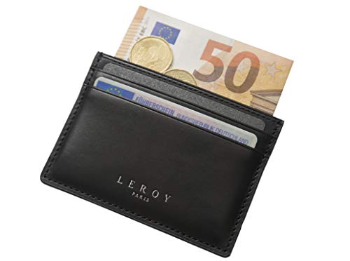 LEROY Paris - Tarjetero de Piel auténtica, Monedero, Monedero, Tarjetero, Monedero con protección RFID, pequeño, Estrecho Negro Negro