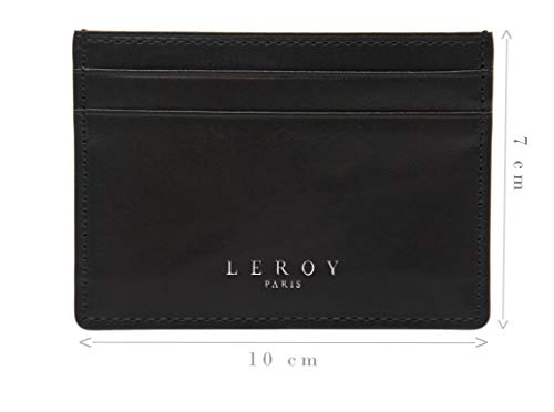 LEROY Paris - Tarjetero de Piel auténtica, Monedero, Monedero, Tarjetero, Monedero con protección RFID, pequeño, Estrecho Negro Negro