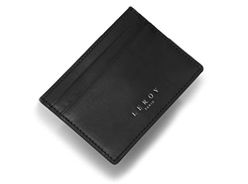 LEROY Paris - Tarjetero de Piel auténtica, Monedero, Monedero, Tarjetero, Monedero con protección RFID, pequeño, Estrecho Negro Negro