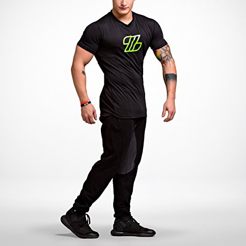 LETIC Gym Fitness Body Fit High Performance - Camiseta de cuello en V para hombre, color negro y verde neón, talla XL LETIC Gym Fitness Body Fit High Performance - Camiseta de cuello en V para hombre, color negro y verde neón, talla XL