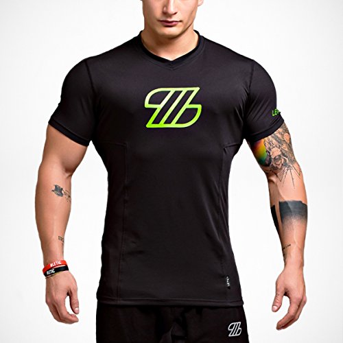 LETIC Gym Fitness Body Fit High Performance - Camiseta de cuello en V para hombre, color negro y verde neón, talla XL LETIC Gym Fitness Body Fit High Performance - Camiseta de cuello en V para hombre, color negro y verde neón, talla XL