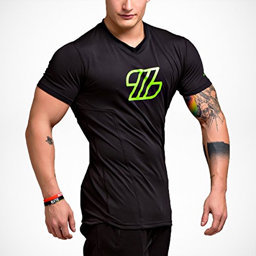 LETIC Gym Fitness Body Fit High Performance - Camiseta de cuello en V para hombre, color negro y verde neón, talla XL LETIC Gym Fitness Body Fit High Performance - Camiseta de cuello en V para hombre, color negro y verde neón, talla XL