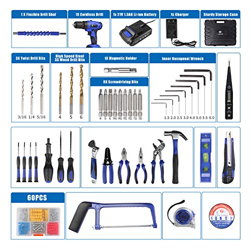 LETTON Maletín de herramientas con taladro eléctrico, batería de 21 V, para 108 accesorios, kit de herramientas de reparación para el hogar, color azul