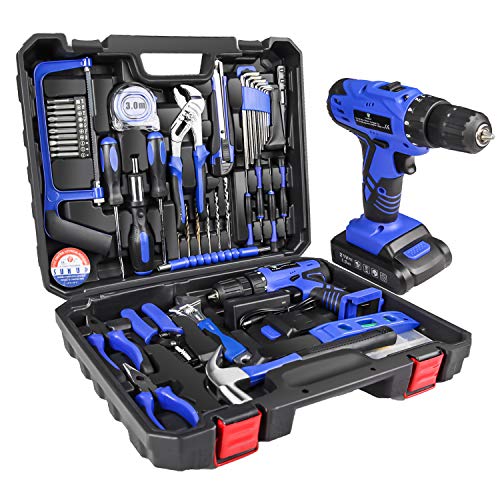 LETTON Maletín de herramientas con taladro eléctrico, batería de 21 V, para 108 accesorios, kit de herramientas de reparación para el hogar, color azul