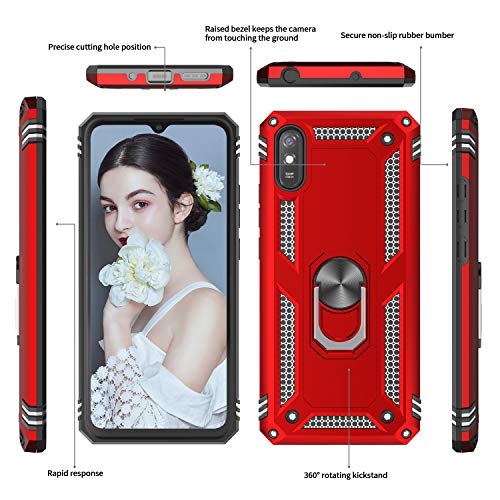 LeYi Funda Xiaomi Redmi 9A con [2-Unidades] Cristal Vidrio Templado,Armor Carcasa con 360 Grados Anillo iman Soporte Hard PC y Silicona TPU Bumper Antigolpes Case para Movil Redmi 9A,Rojo