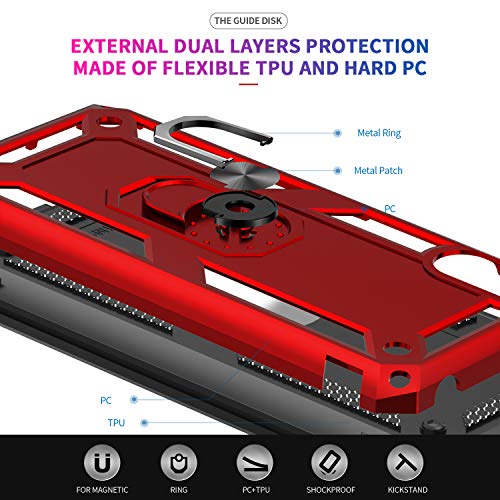 LeYi Funda Xiaomi Redmi 9A con [2-Unidades] Cristal Vidrio Templado,Armor Carcasa con 360 Grados Anillo iman Soporte Hard PC y Silicona TPU Bumper Antigolpes Case para Movil Redmi 9A,Rojo