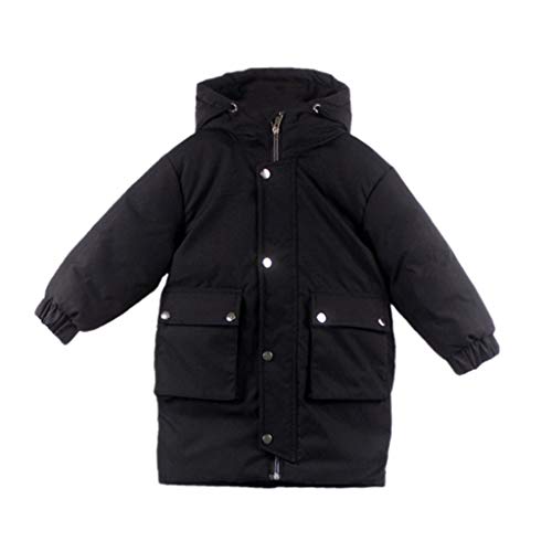 LHWY Chaquetas de Plumas Ligero con Capucha Mediano Largo Abrigo Invierno para Niños Niñas Bebé Acolchado Calentito Impermeable Manga Larga Jacket Parka Cortavientos Cazadora 3-8 años Negro 150