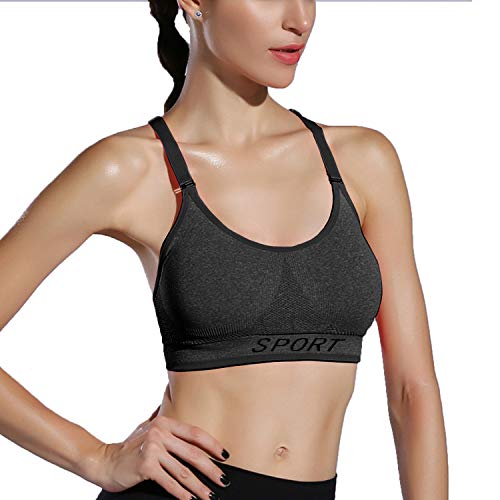 Libella Mujer Sujetador Deportivo Push Up Bustier con Amplio Correas Fitness Yoga Camisetas Sin Mangas 3714 Gris L/XL